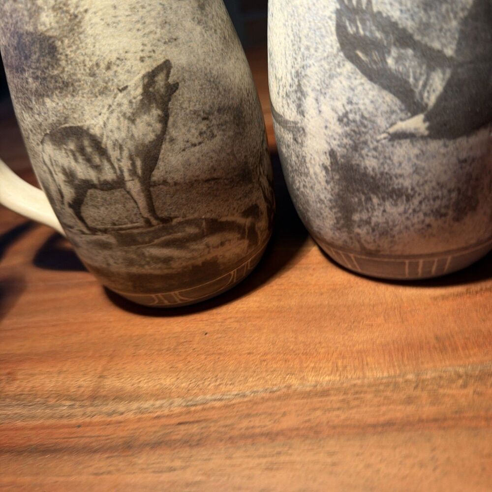 2-pack lot Susan Boyce Pottery coffee Mug Wolf And Eagle Signed Hand Thrown